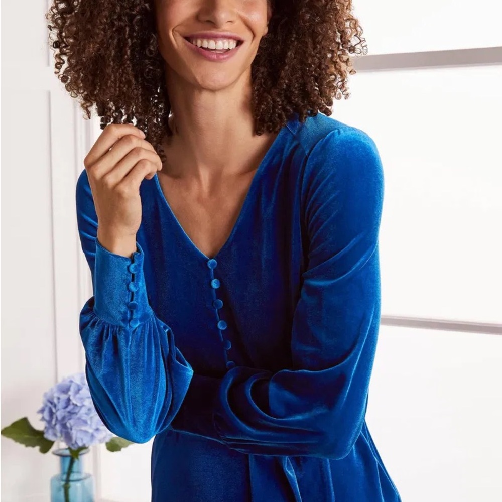 Boden Rita Elegant Blue Long Sleeve Velvet Dress - Picture 2 of 4